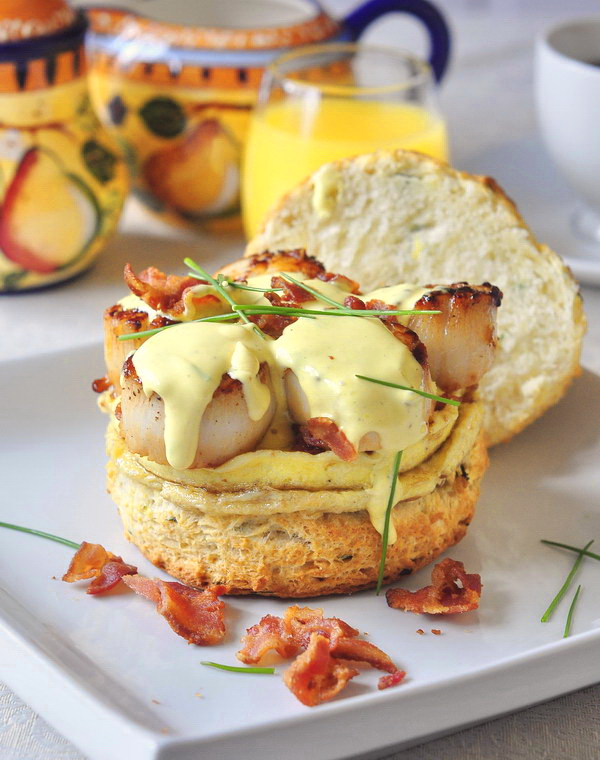 Scallops Benedict on Chive Buttermilk Biscuits with Brown Butter Hollandaise